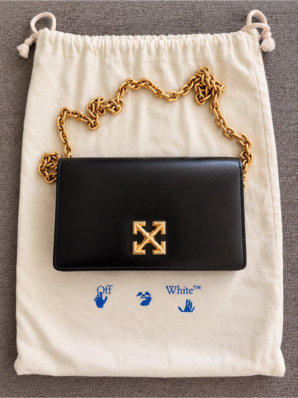 Off-White Black Leather Shoulder Bag with Gold Chain and Logo